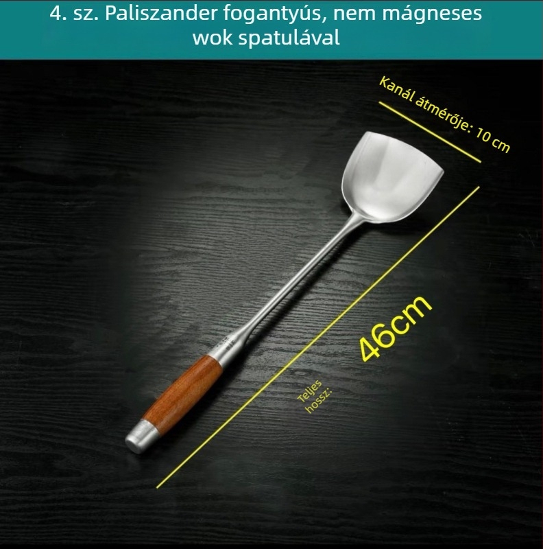 Rozsdamentes acél kanál rózsafa fogantyúval – sütéshez és tálaláshoz, hosszú nyél, többfunkciós spatula-kanál wokhoz, leveshez és zabkásához