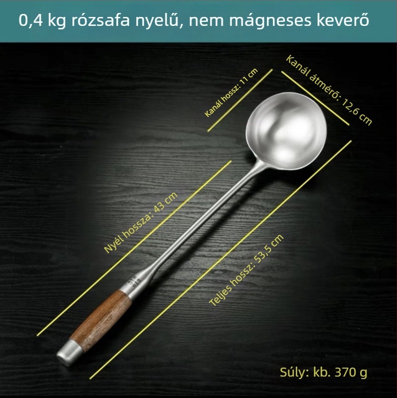 Rozsdamentes acél kanál rózsafa fogantyúval – sütéshez és tálaláshoz, hosszú nyél, többfunkciós spatula-kanál wokhoz, leveshez és zabkásához