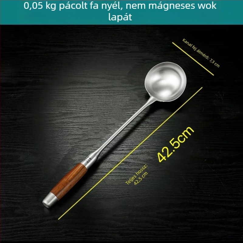 Rozsdamentes acél kanál rózsafa fogantyúval – sütéshez és tálaláshoz, hosszú nyél, többfunkciós spatula-kanál wokhoz, leveshez és zabkásához