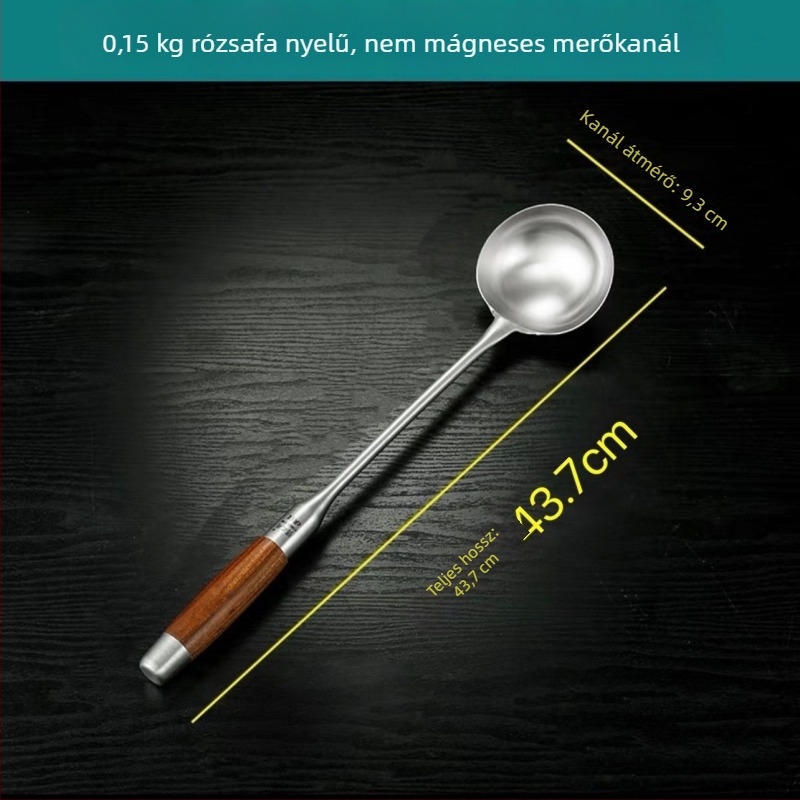 Rozsdamentes acél kanál rózsafa fogantyúval – sütéshez és tálaláshoz, hosszú nyél, többfunkciós spatula-kanál wokhoz, leveshez és zabkásához