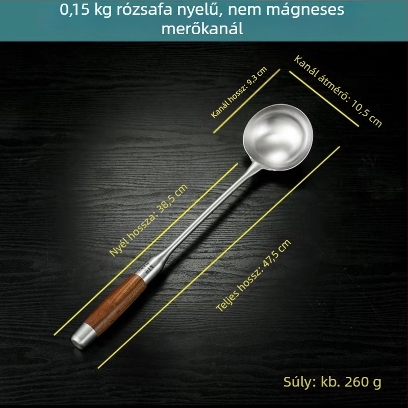 Rozsdamentes acél kanál rózsafa fogantyúval – sütéshez és tálaláshoz, hosszú nyél, többfunkciós spatula-kanál wokhoz, leveshez és zabkásához