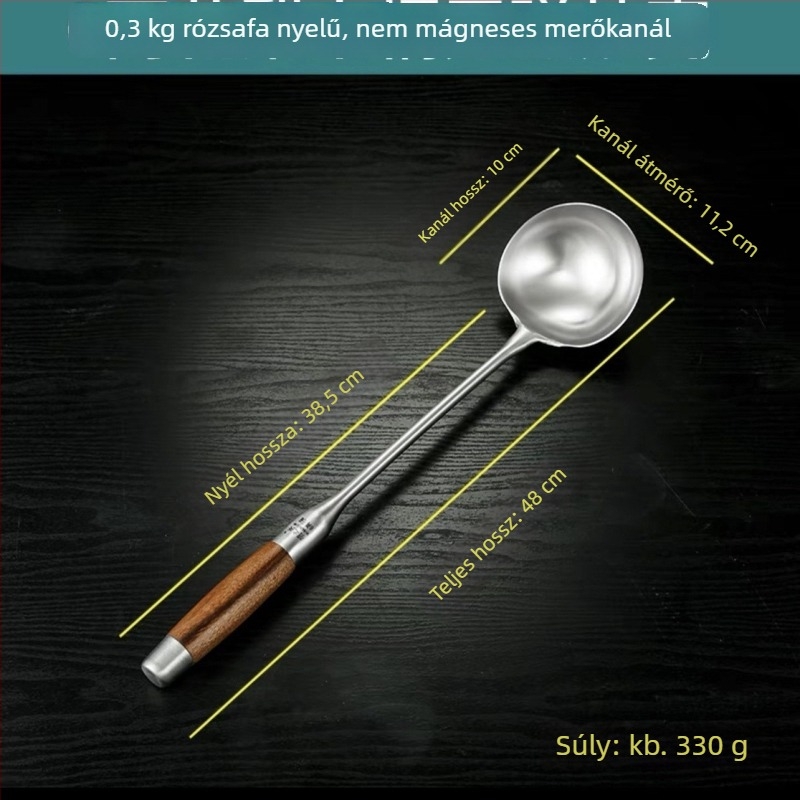 Rozsdamentes acél kanál rózsafa fogantyúval – sütéshez és tálaláshoz, hosszú nyél, többfunkciós spatula-kanál wokhoz, leveshez és zabkásához