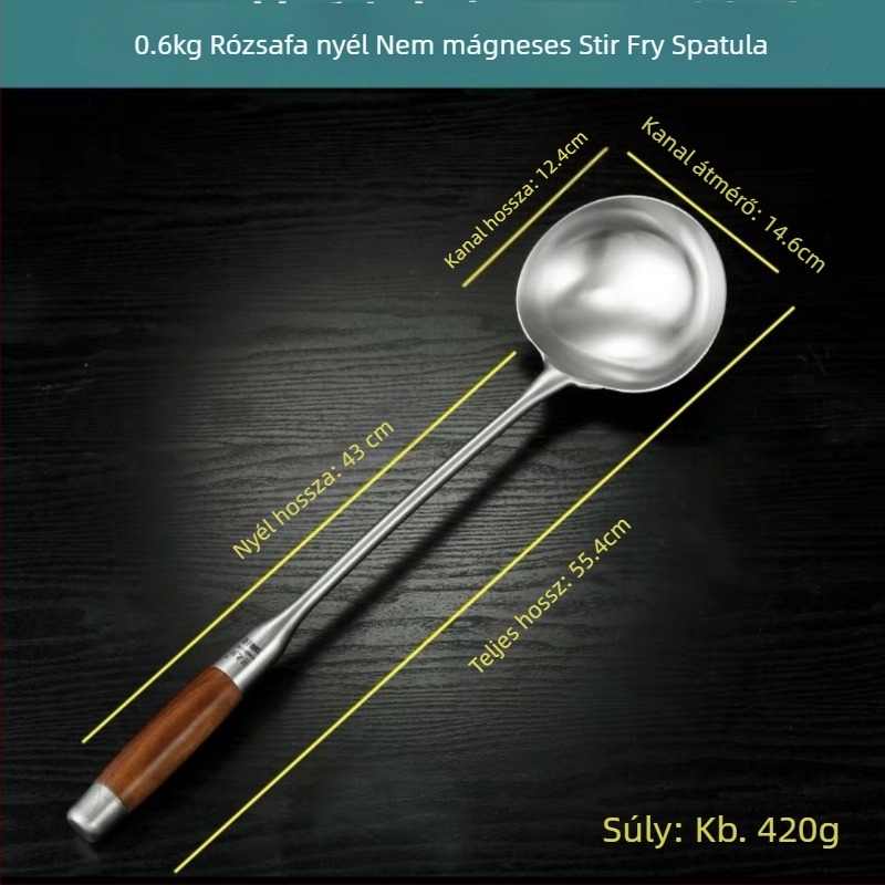 Rozsdamentes acél kanál rózsafa fogantyúval – sütéshez és tálaláshoz, hosszú nyél, többfunkciós spatula-kanál wokhoz, leveshez és zabkásához
