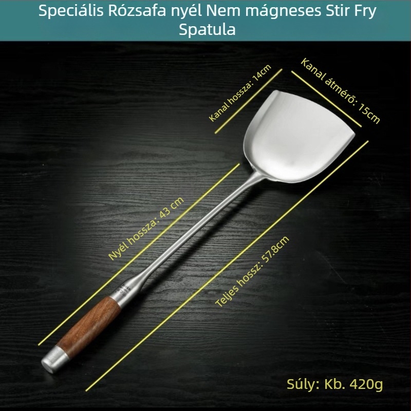 Rozsdamentes acél kanál rózsafa fogantyúval – sütéshez és tálaláshoz, hosszú nyél, többfunkciós spatula-kanál wokhoz, leveshez és zabkásához