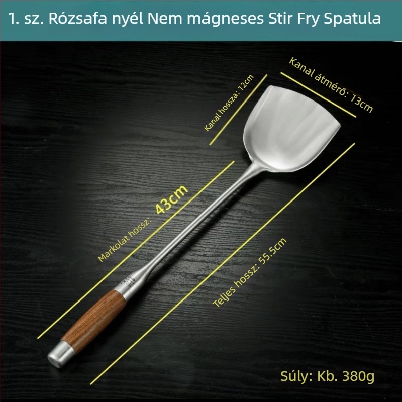 Rozsdamentes acél kanál rózsafa fogantyúval – sütéshez és tálaláshoz, hosszú nyél, többfunkciós spatula-kanál wokhoz, leveshez és zabkásához