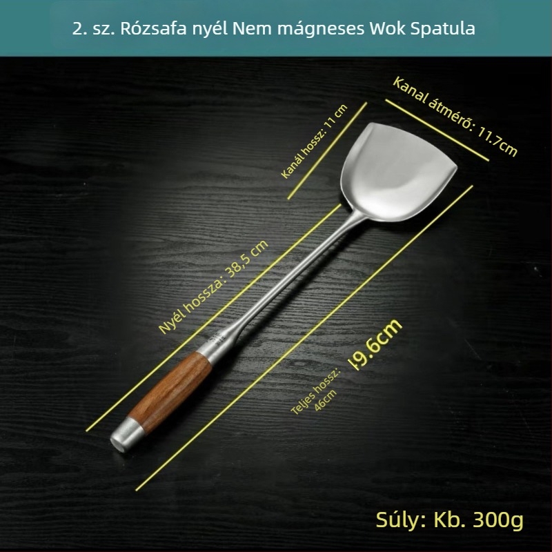 Rozsdamentes acél kanál rózsafa fogantyúval – sütéshez és tálaláshoz, hosszú nyél, többfunkciós spatula-kanál wokhoz, leveshez és zabkásához