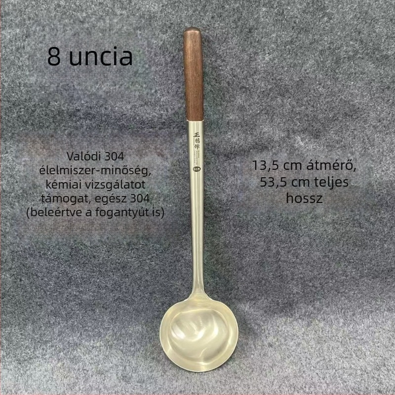 Rozsdamentes acél kanál rózsafa fogantyúval – sütéshez és tálaláshoz, hosszú nyél, többfunkciós spatula-kanál wokhoz, leveshez és zabkásához