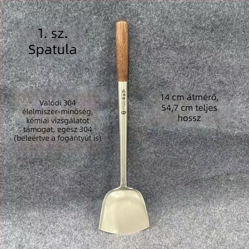 Rozsdamentes acél kanál rózsafa fogantyúval – sütéshez és tálaláshoz, hosszú nyél, többfunkciós spatula-kanál wokhoz, leveshez és zabkásához