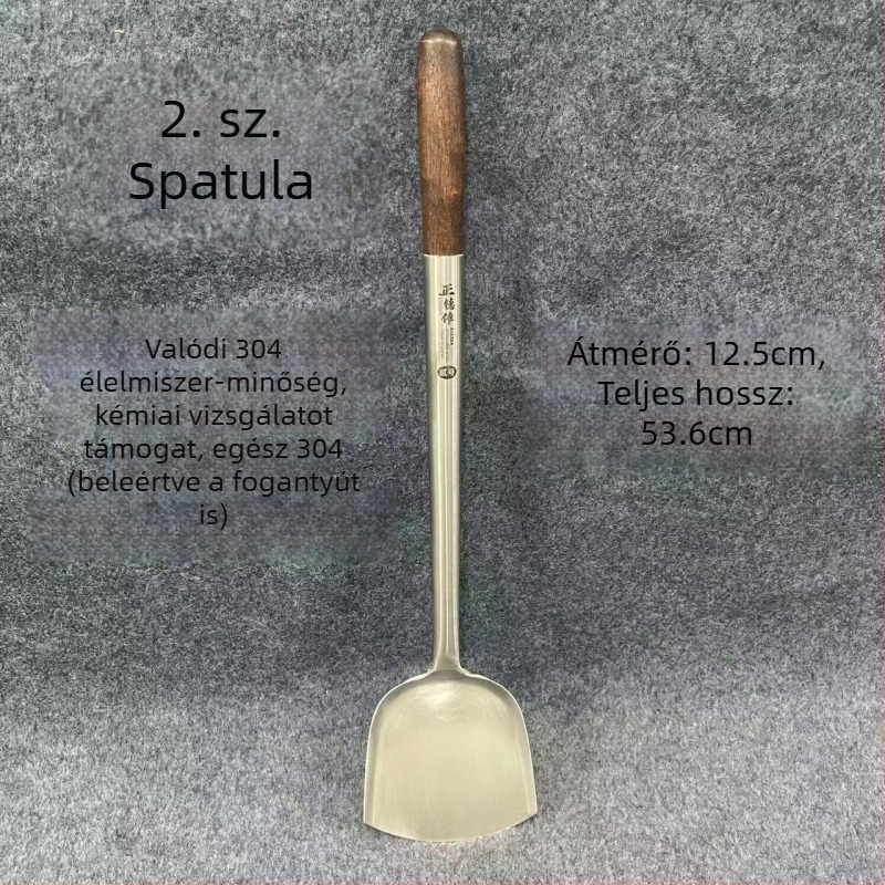 Rozsdamentes acél kanál rózsafa fogantyúval – sütéshez és tálaláshoz, hosszú nyél, többfunkciós spatula-kanál wokhoz, leveshez és zabkásához