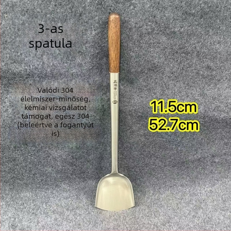 Rozsdamentes acél kanál rózsafa fogantyúval – sütéshez és tálaláshoz, hosszú nyél, többfunkciós spatula-kanál wokhoz, leveshez és zabkásához