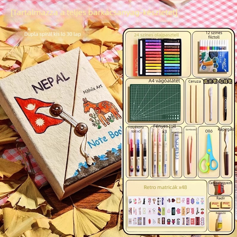 Népáli kézzel készített DIY anyagkészlet és kézzel festett notesz lányoknak, vintage írószerek