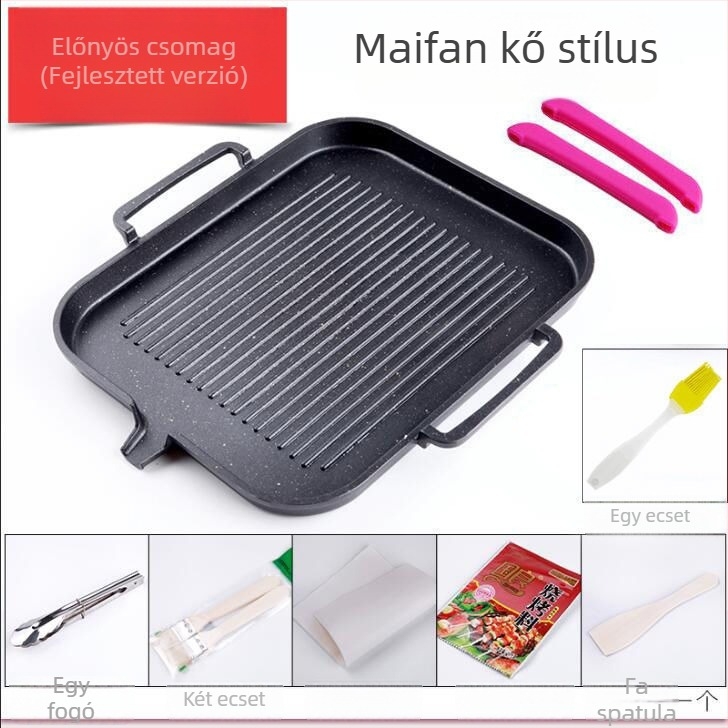 Koreai stílusú elektromos grillserpenyő Maifan kővel, fekete, tapadásmentes, füstmentes otthoni grillhez Teppanyaki