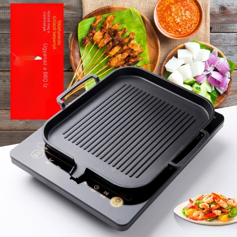 Koreai stílusú elektromos grillserpenyő Maifan kővel, fekete, tapadásmentes, füstmentes otthoni grillhez Teppanyaki