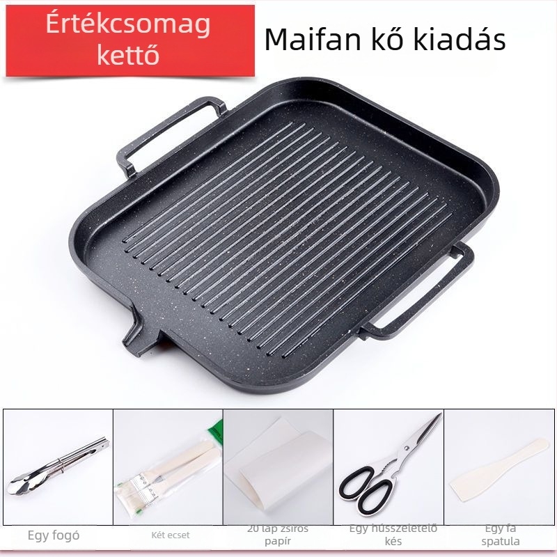 Koreai stílusú elektromos grillserpenyő Maifan kővel, fekete, tapadásmentes, füstmentes otthoni grillhez Teppanyaki