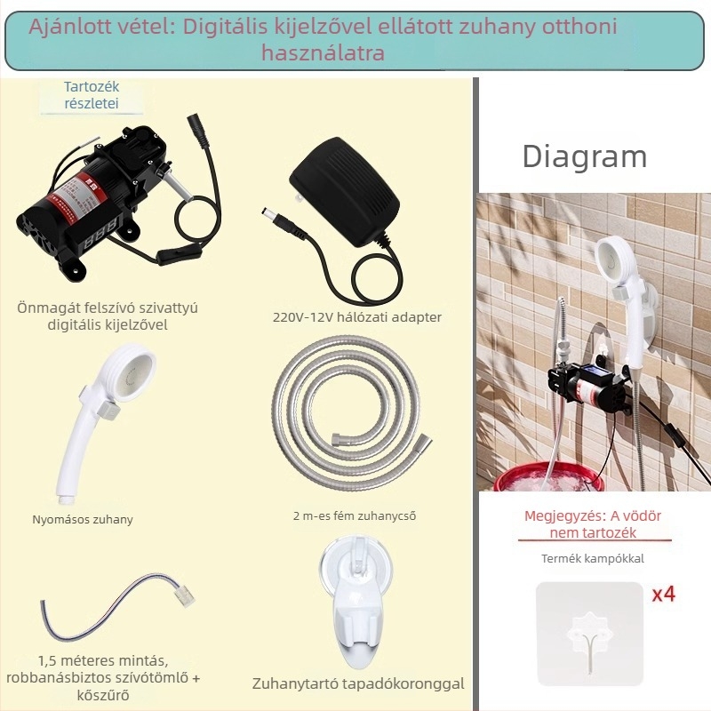 Önprimáló DC zuhanypumpa, ABS testű, ideális vidéki kültéri kollégiumokhoz és építkezésekhez; tartozék: fém tömlő 2 m, cső Ø10 mm 1,5 m, kőszűrő cső, csőbilincs és szívó korong