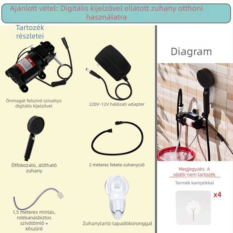 Önprimáló DC zuhanypumpa, ABS testű, ideális vidéki kültéri kollégiumokhoz és építkezésekhez; tartozék: fém tömlő 2 m, cső Ø10 mm 1,5 m, kőszűrő cső, csőbilincs és szívó korong