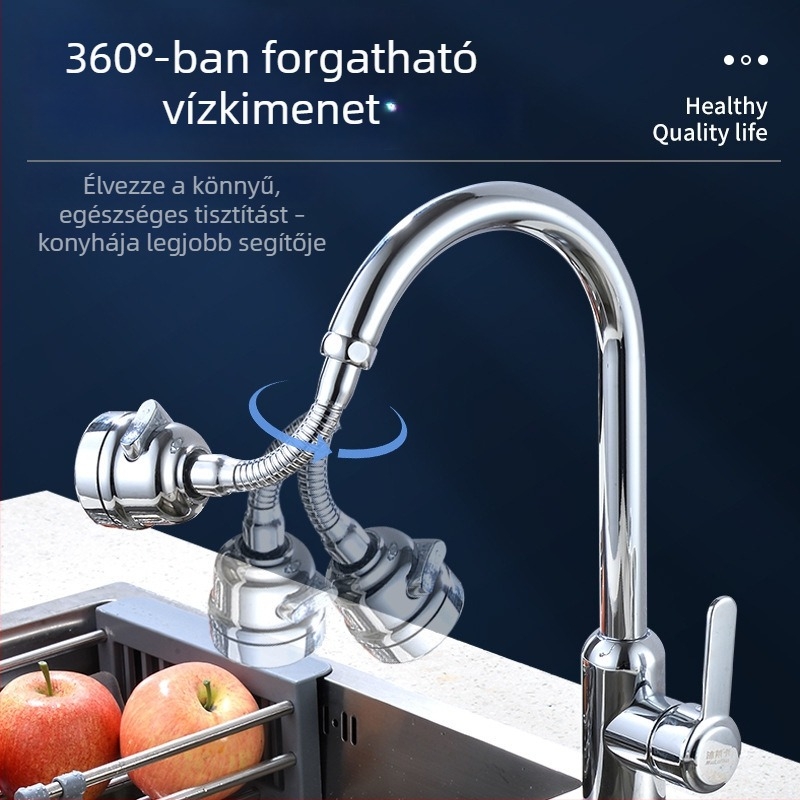 Konyhai csap fröccsenés elleni védelemmel, hosszított kifolyó, nyomásfokozó, 360°-ban forgó, egykaros vezérlés