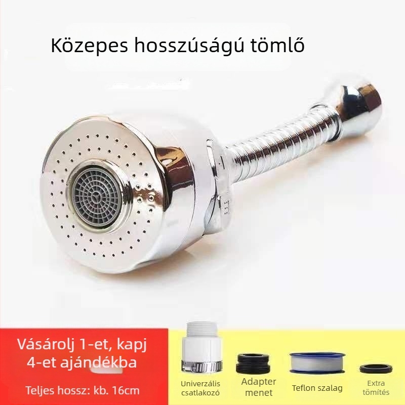 Konyhai csap fröccsenés elleni védelemmel, hosszított kifolyó, nyomásfokozó, 360°-ban forgó, egykaros vezérlés