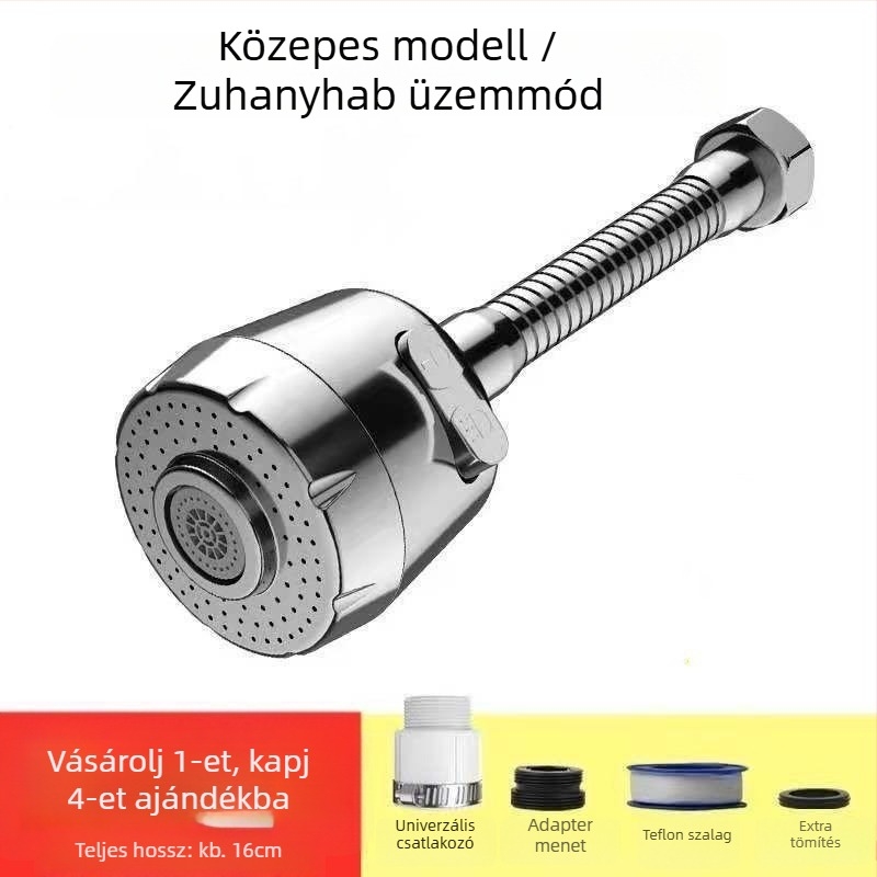Konyhai csap fröccsenés elleni védelemmel, hosszított kifolyó, nyomásfokozó, 360°-ban forgó, egykaros vezérlés