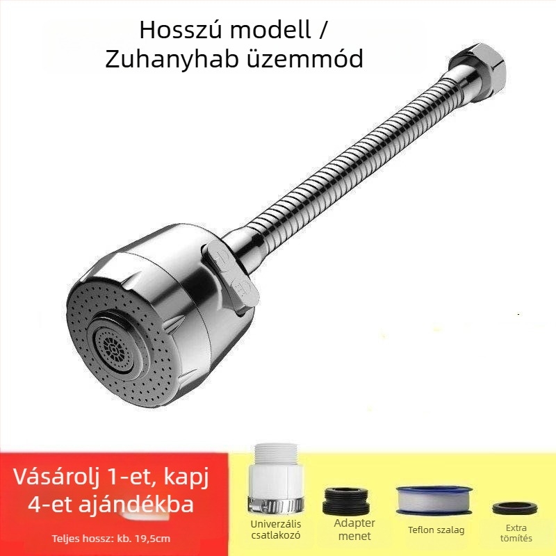 Konyhai csap fröccsenés elleni védelemmel, hosszított kifolyó, nyomásfokozó, 360°-ban forgó, egykaros vezérlés