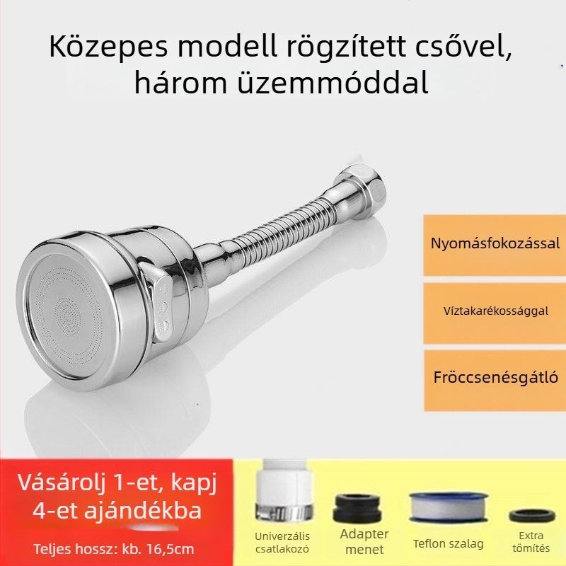 Konyhai csap fröccsenés elleni védelemmel, hosszított kifolyó, nyomásfokozó, 360°-ban forgó, egykaros vezérlés
