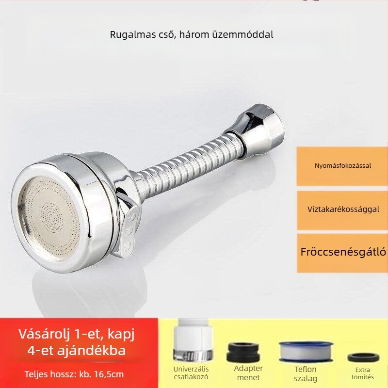 Konyhai csap fröccsenés elleni védelemmel, hosszított kifolyó, nyomásfokozó, 360°-ban forgó, egykaros vezérlés