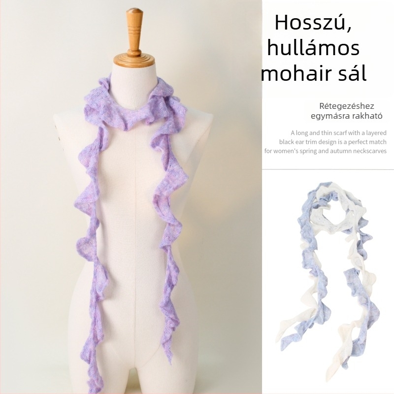 Hosszú, karcsú sál egységes színben, fodros éllel, nőknek; mohair gyapjúból kötve, téli divat, INS/Koreai stílus