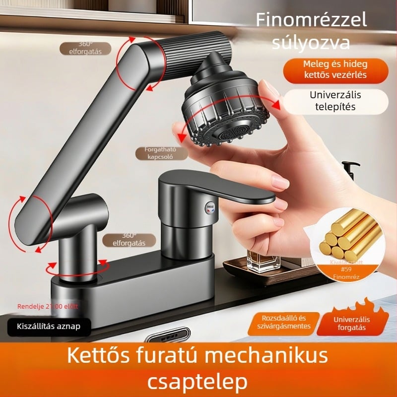 Réz anyagú mosdócsap mechanikus karral, kétlyukú forgó kiépítés meleg és hideg vízhez, fürdőszobai szerencse macska dizájn