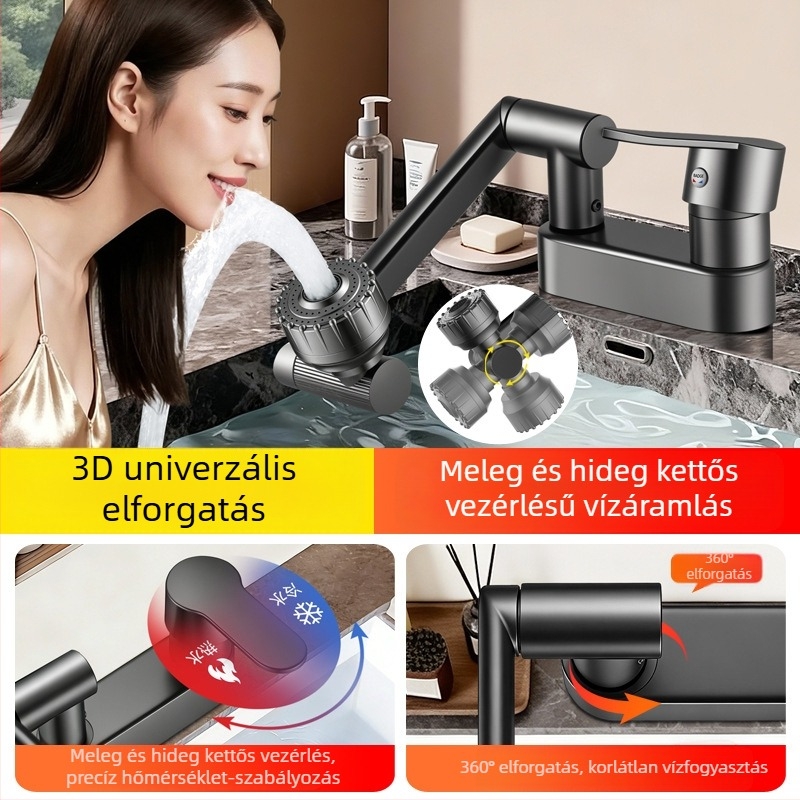 Réz anyagú mosdócsap mechanikus karral, kétlyukú forgó kiépítés meleg és hideg vízhez, fürdőszobai szerencse macska dizájn