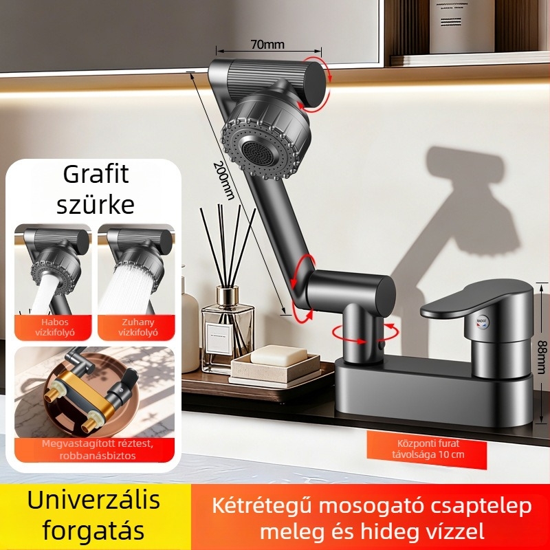 Réz anyagú mosdócsap mechanikus karral, kétlyukú forgó kiépítés meleg és hideg vízhez, fürdőszobai szerencse macska dizájn