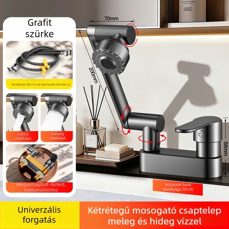 Réz anyagú mosdócsap mechanikus karral, kétlyukú forgó kiépítés meleg és hideg vízhez, fürdőszobai szerencse macska dizájn