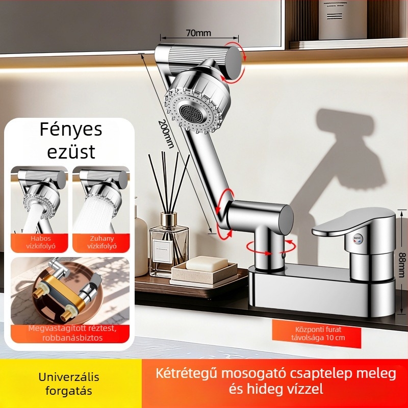 Réz anyagú mosdócsap mechanikus karral, kétlyukú forgó kiépítés meleg és hideg vízhez, fürdőszobai szerencse macska dizájn