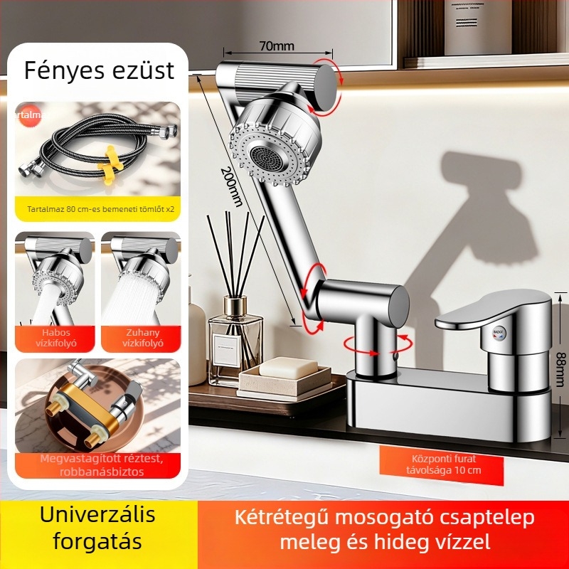 Réz anyagú mosdócsap mechanikus karral, kétlyukú forgó kiépítés meleg és hideg vízhez, fürdőszobai szerencse macska dizájn