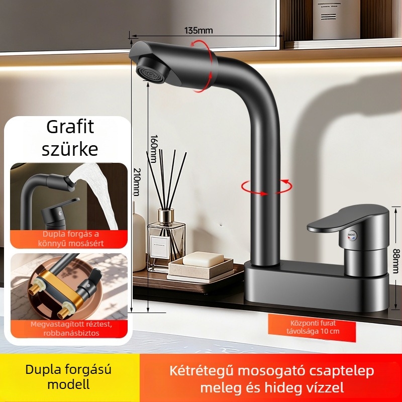 Réz anyagú mosdócsap mechanikus karral, kétlyukú forgó kiépítés meleg és hideg vízhez, fürdőszobai szerencse macska dizájn