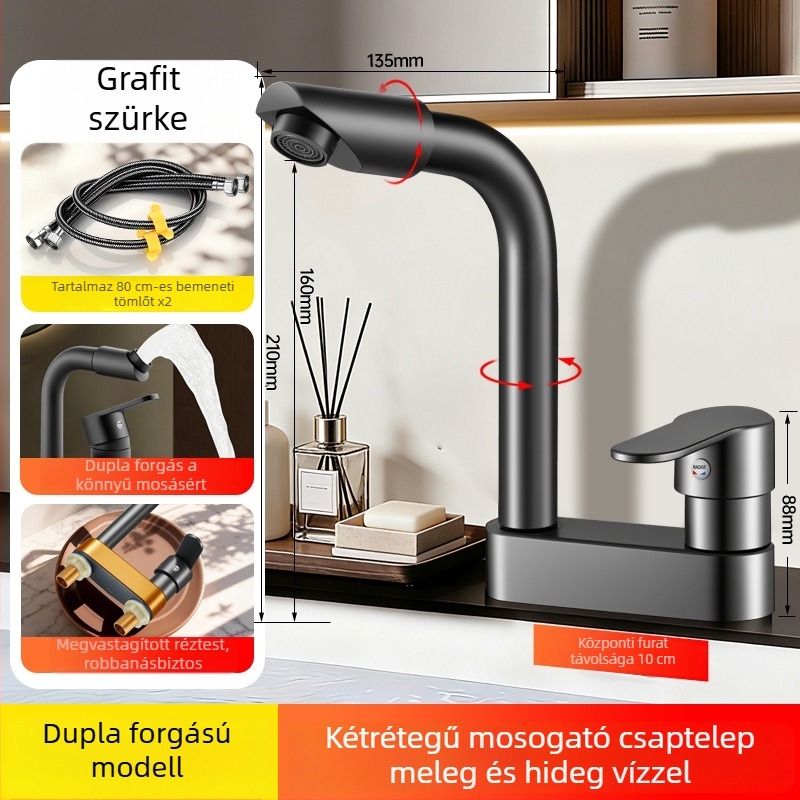 Réz anyagú mosdócsap mechanikus karral, kétlyukú forgó kiépítés meleg és hideg vízhez, fürdőszobai szerencse macska dizájn
