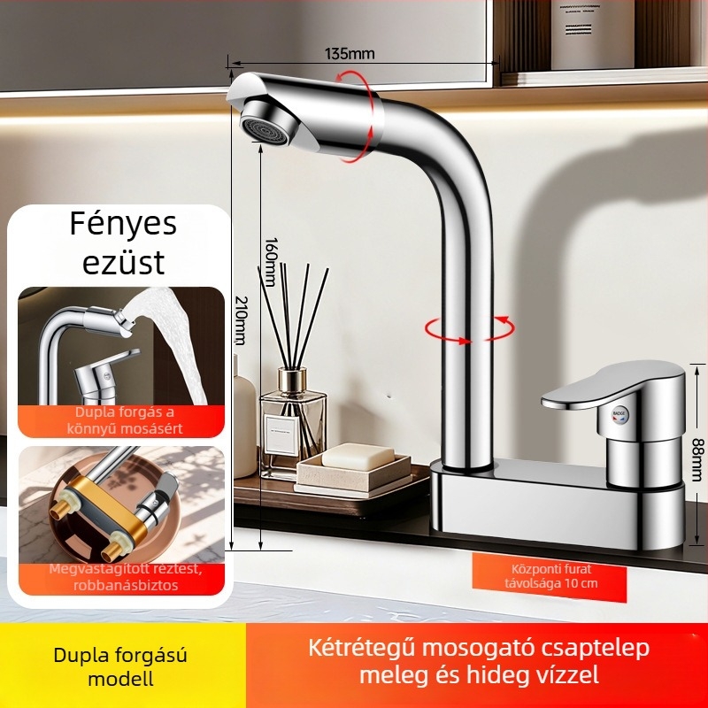 Réz anyagú mosdócsap mechanikus karral, kétlyukú forgó kiépítés meleg és hideg vízhez, fürdőszobai szerencse macska dizájn