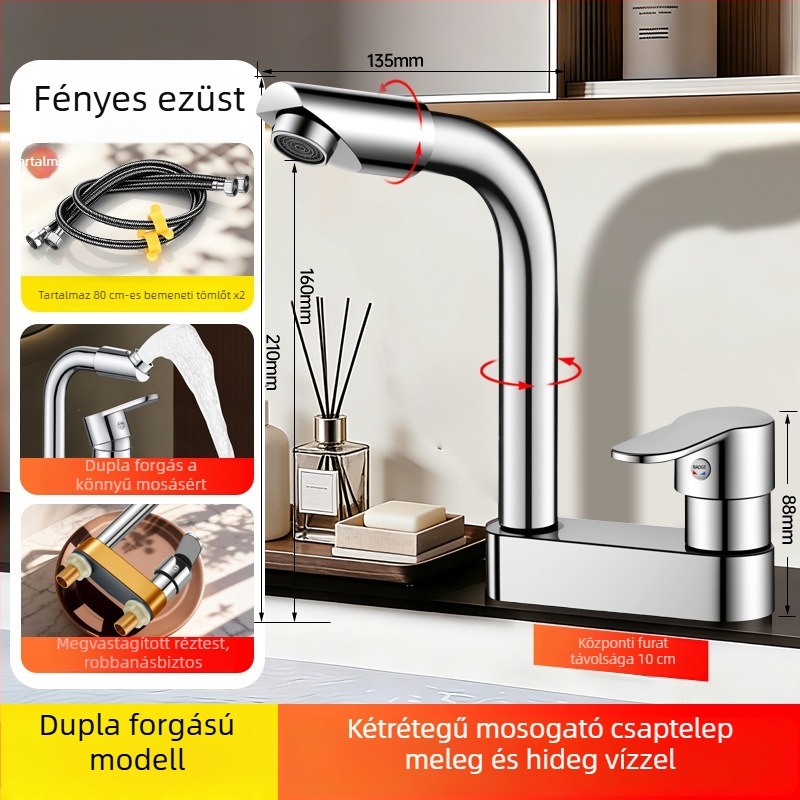 Réz anyagú mosdócsap mechanikus karral, kétlyukú forgó kiépítés meleg és hideg vízhez, fürdőszobai szerencse macska dizájn