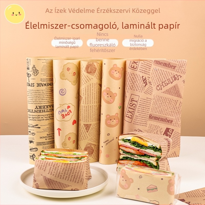Bevonatos élelmiszer-csomagoló papír szendvicsek és hamburgerek számára, olajálló és tapadásmentes sütőpapír, kraft papír sütéshez és sült snackekhez