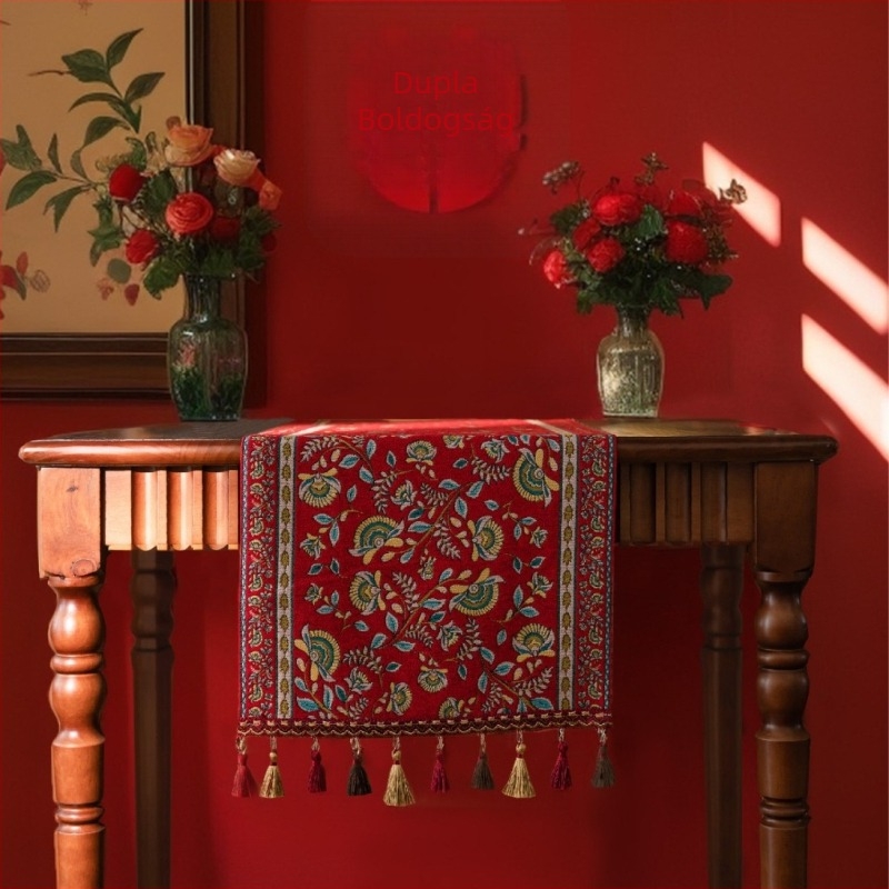 Új kínai stílusú hosszú asztali futó piros jacquard mintával, ágak és virágok motívummal, TV‑állvány és étkezőasztal dekorációhoz