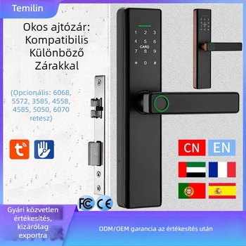 Fa ajtóhoz tervezett intelligens zár ujjlenyomat-olvasóval, jelszó és elektronikus hozzáféréssel, modell P12