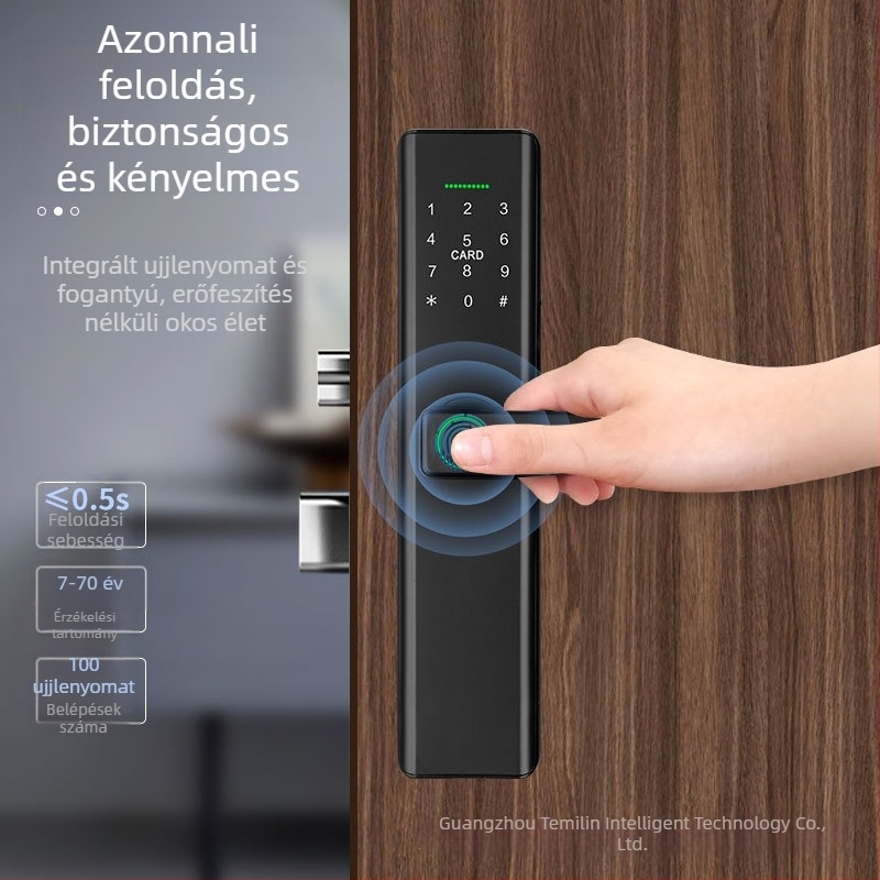 Fa ajtóhoz tervezett intelligens zár ujjlenyomat-olvasóval, jelszó és elektronikus hozzáféréssel, modell P12