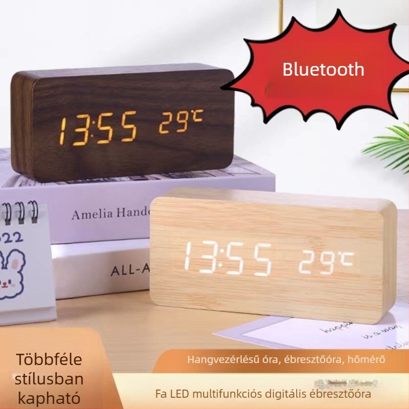 Fából készült asztali óra Bluetooth-kapcsolattal, hőmérséklet kijelző, hangvezérelt LED éjszakai fény, minimalist stílusú, többfunkciós asztali óra