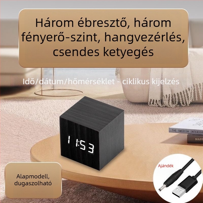 Fából készült asztali óra Bluetooth-kapcsolattal, hőmérséklet kijelző, hangvezérelt LED éjszakai fény, minimalist stílusú, többfunkciós asztali óra