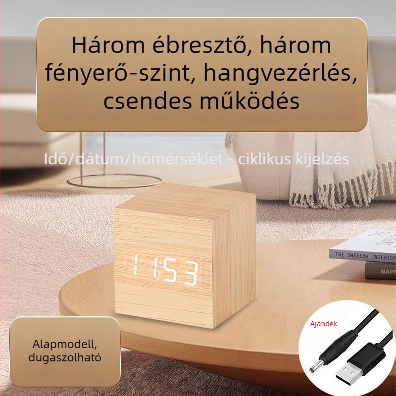 Fából készült asztali óra Bluetooth-kapcsolattal, hőmérséklet kijelző, hangvezérelt LED éjszakai fény, minimalist stílusú, többfunkciós asztali óra