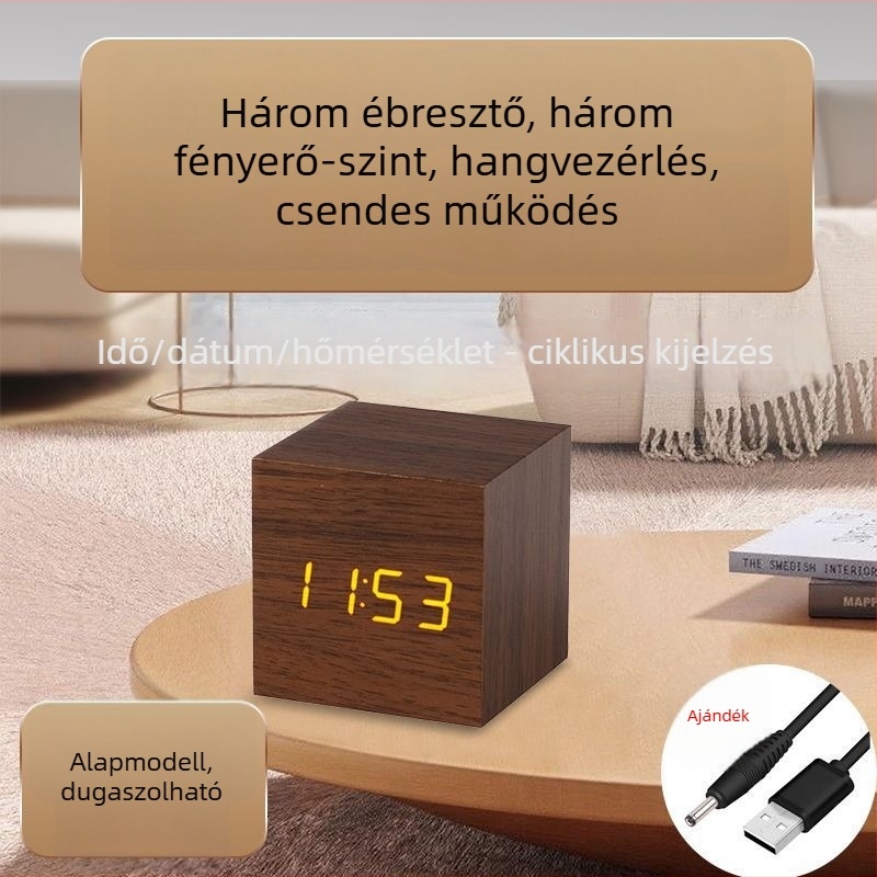 Fából készült asztali óra Bluetooth-kapcsolattal, hőmérséklet kijelző, hangvezérelt LED éjszakai fény, minimalist stílusú, többfunkciós asztali óra