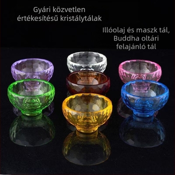 Színes kristálykészlet: víztálak, szentvíz poharak, Buddha-oltár felajánlások, illóolajos maszktálak, kristályos kézműves termékek