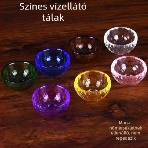 Színes kristálykészlet: víztálak, szentvíz poharak, Buddha-oltár felajánlások, illóolajos maszktálak, kristályos kézműves termékek