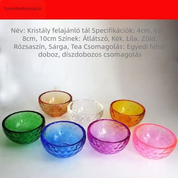 Színes kristálykészlet: víztálak, szentvíz poharak, Buddha-oltár felajánlások, illóolajos maszktálak, kristályos kézműves termékek