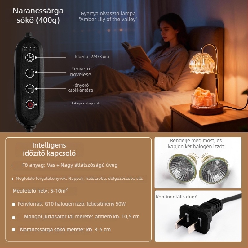 Időzített viaszolvasztó lámpa, természetes aroma diffúzor kőből, láng nélkül, aromalámpa fa alappal és kristályos felülettel, hangulatos éjszakai fény