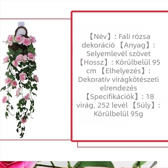 Művirág rózsa és pothos falidísz a nappaliba, művirág indákkal és lógó pókháló növény.